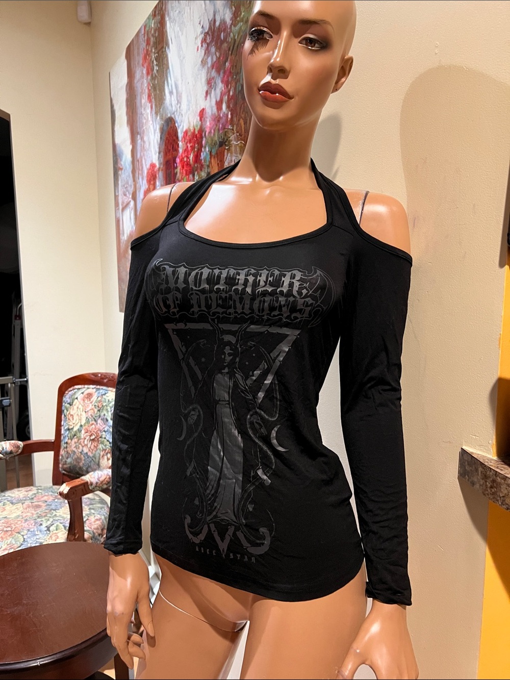 Killstar whiplash bardot top XS Black Long-Sleeve Graphic Scoop Neck Top nwt
